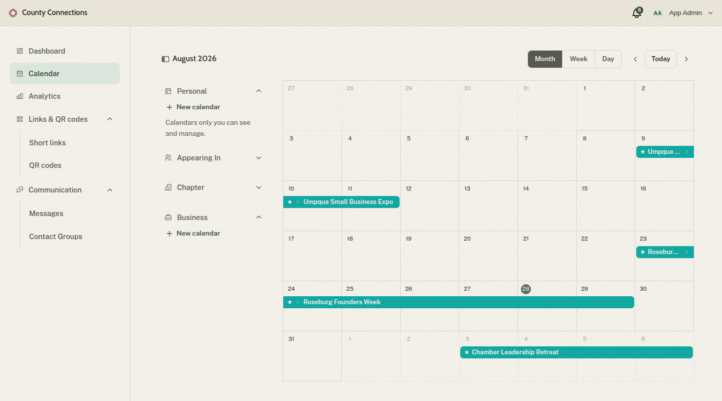 The County Connections shared calendar showing chapter events across a month