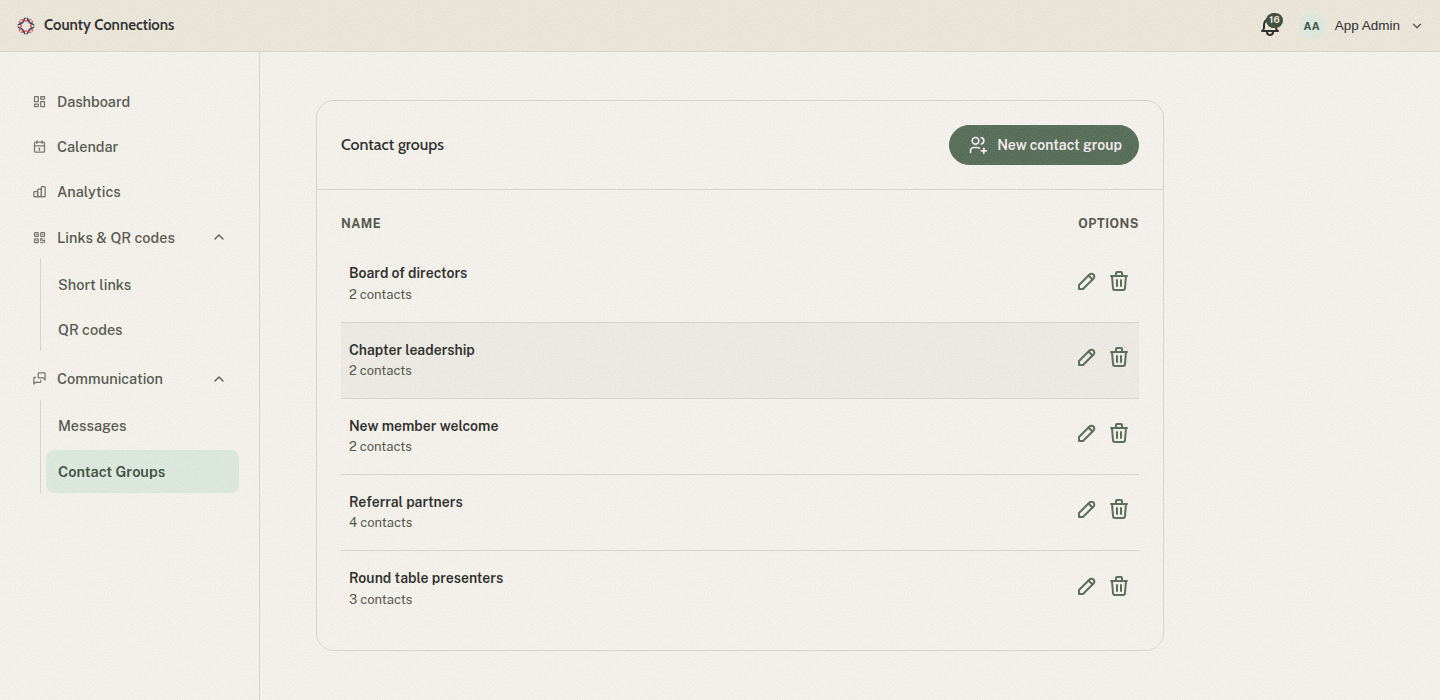 Contact groups in the County Connections hub, organizing members into named groups
