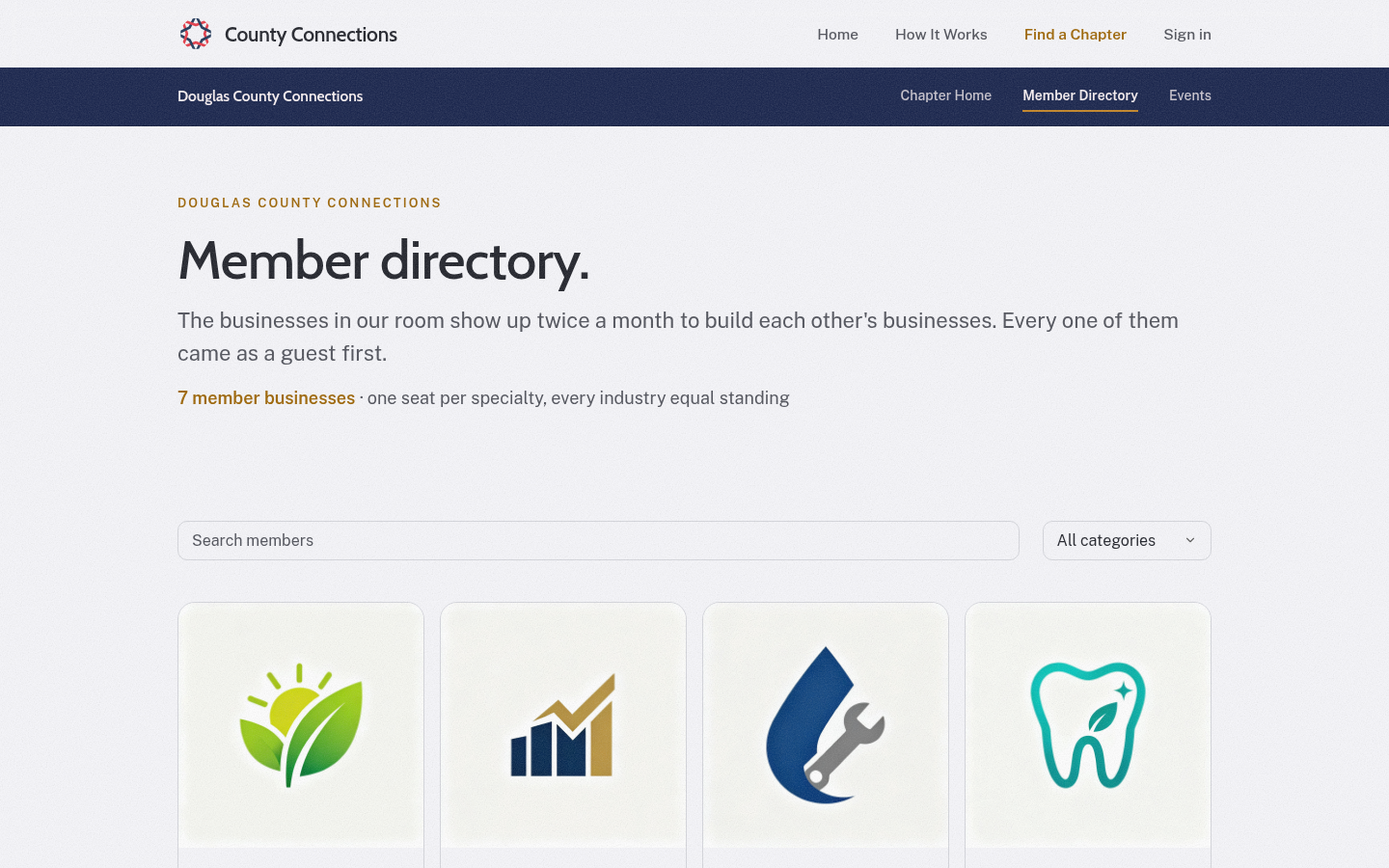 The County Connections member directory, showing member businesses with logos and industries