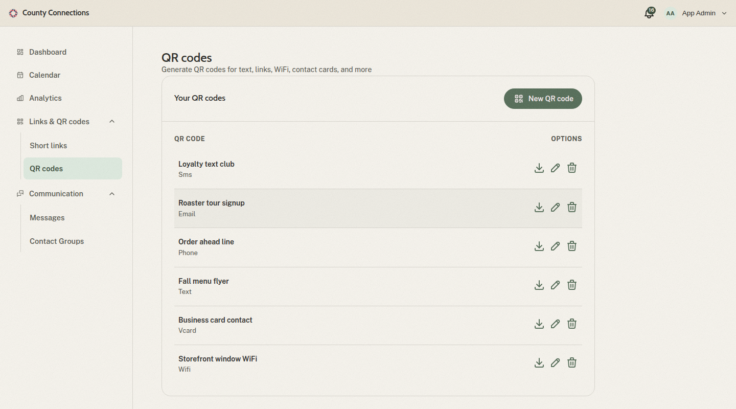 A member's QR code library in the County Connections hub, listing text, vCard, and WiFi codes